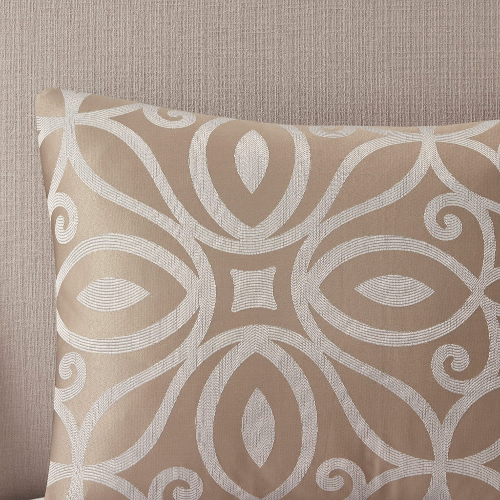 Madison Park Carina Cozy Comforter Set Luxe Jacquard Medallion Design with Embroidery and Pleated Details, All Season Bedding with Matching Shams, Decorative Pillow, Queen, Taupe 7 Piece