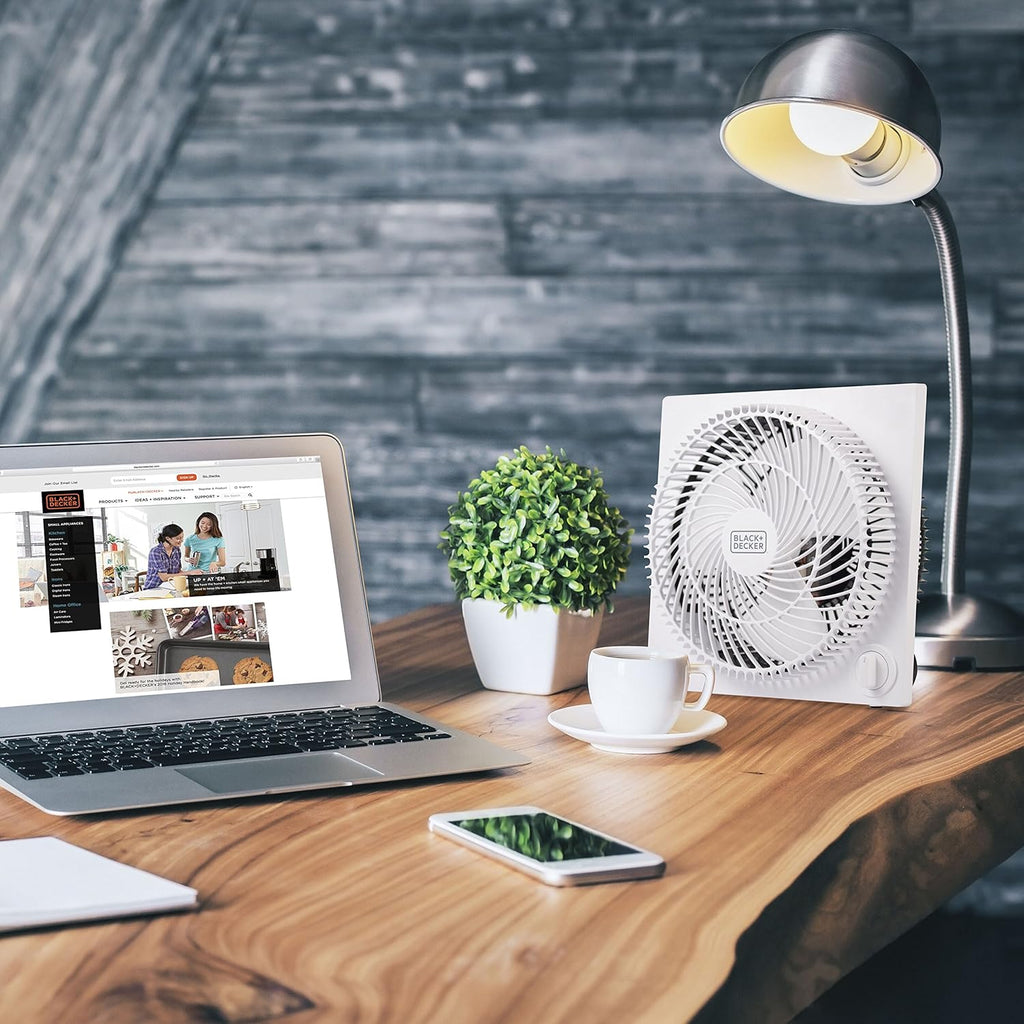 BLACK+DECKER 9-Inch Frameless Box Fan - Portable 3-Speed Desk Fan for Home Office & Garage, White