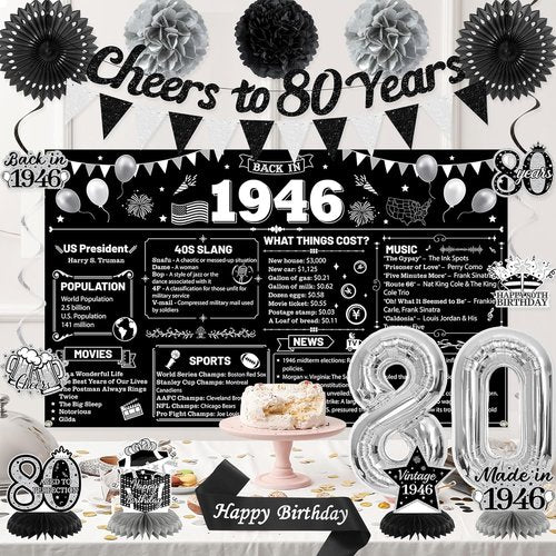 Holkcog 80th Birthday Decorations - Back In 1946 Poster & Banner Set with Balloons, Sash & Fans