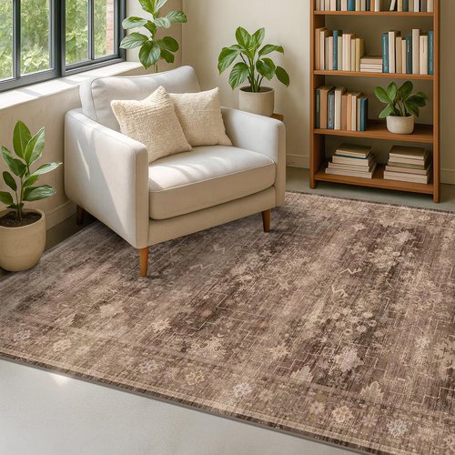 Hazo Haus Boho Brown Area Rug - Washable 6x8 Modern Vintage Design for Living Room & Dining Room