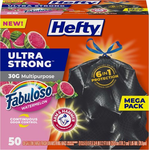 Hefty Ultra Strong 30 Gallon Trash Bags - Break Resistant Drawstring Closure | Fabuloso Watermelon Scent, 50 Count