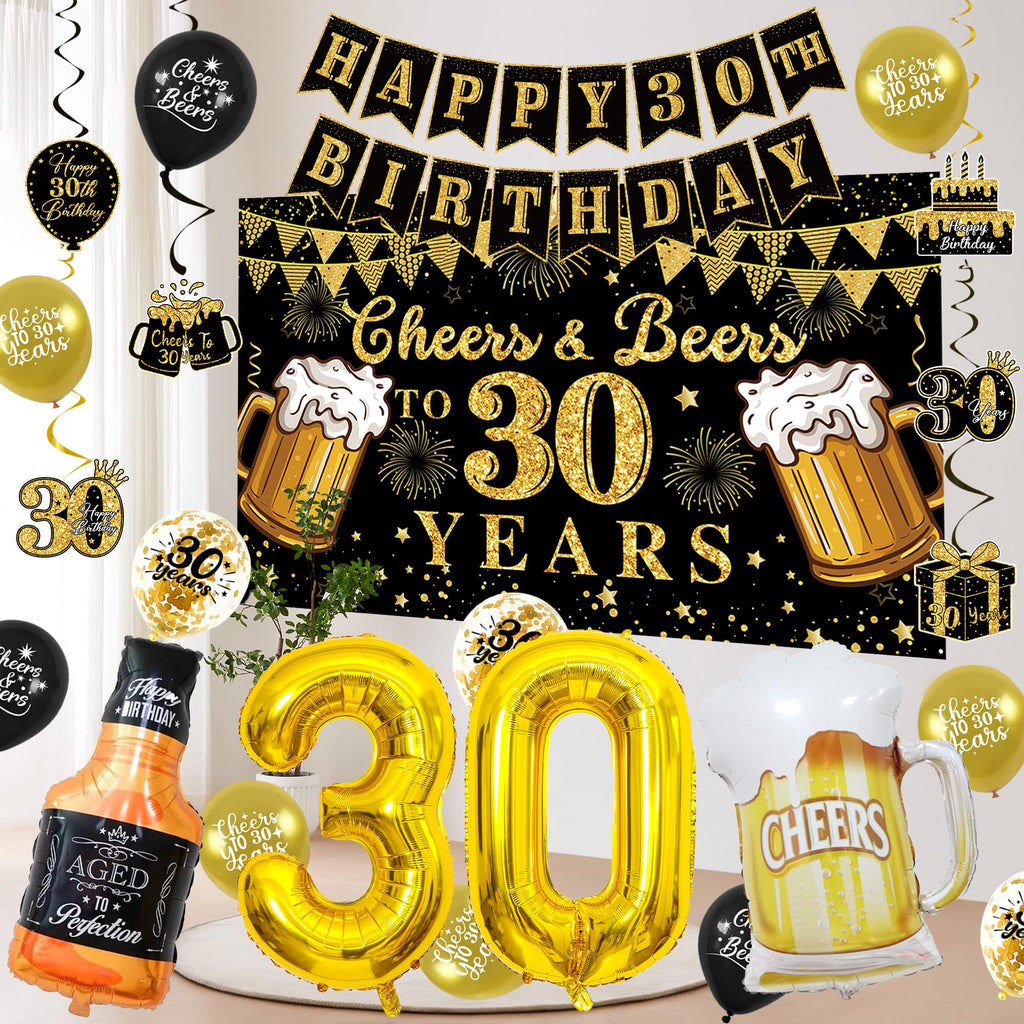 Vlipoeasn 30th Birthday Decorations for Him, Cheers and Beers to 30 Years Decorations for Men, Happy 30th Birthday Decor Kit with Backdrop Banner, King Sash