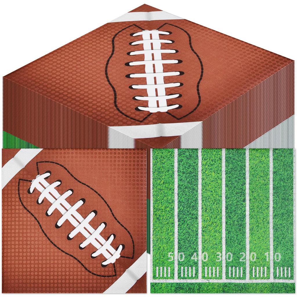 80 Count Football Paper Napkins - 2 Pattern 13 x 13 Inches Disposable Beverage Cocktail Napkins with Sports Ball and Field Designs for Tailgate Parties, Birthdays, and Sports Events
