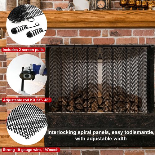 Fireplace Mesh Screen Curtain Kit with Adjustable Fireplace Curtain Rod, Adjustable Fireplace Screen Panels 22" H × 27.5" W Black Matte