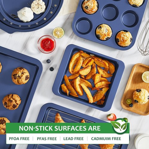 HONGBAKE Nonstick Bakeware Set - 10-Piece Kitchen Baking Pans with Wider Grips | Blue Color
