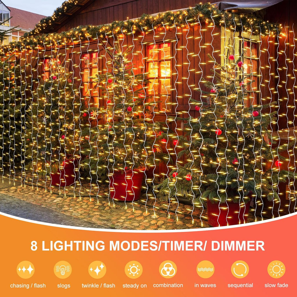 THKFUL Fairy Curtain Lights - 20 x 6.6FT 408LED Warm White String Lights | Waterproof Remote for Bedroom & Garden