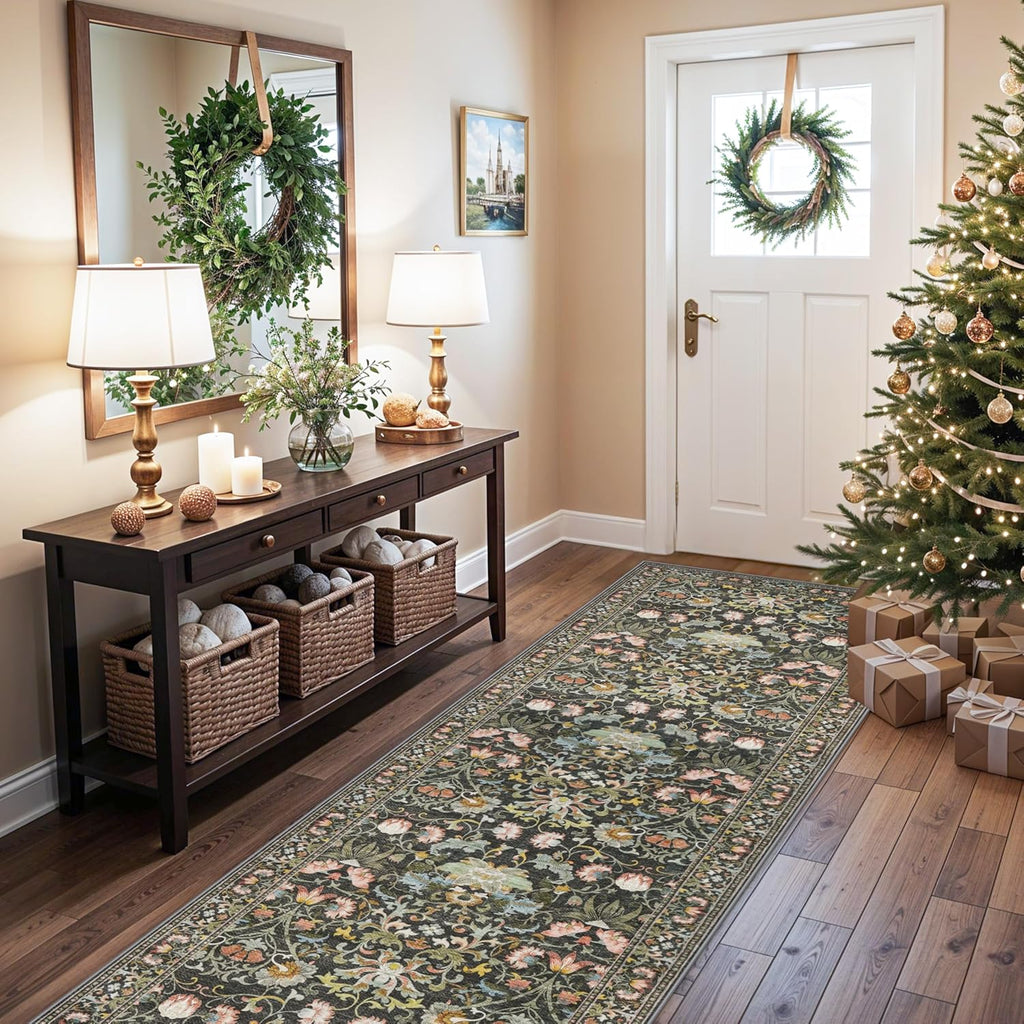 Skiennix Wide Hallway Runner Rug - 3x10 Water-Resistant Vintage Soft Carpet | Non-Slip Indoor Mat in Green