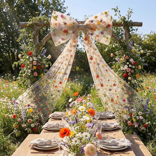 Canlierr Extra Large Floral Tulle Bow Decorations - 39 x 59 Inch Champagne Organza Bow for Spring Weddings & Room Decor