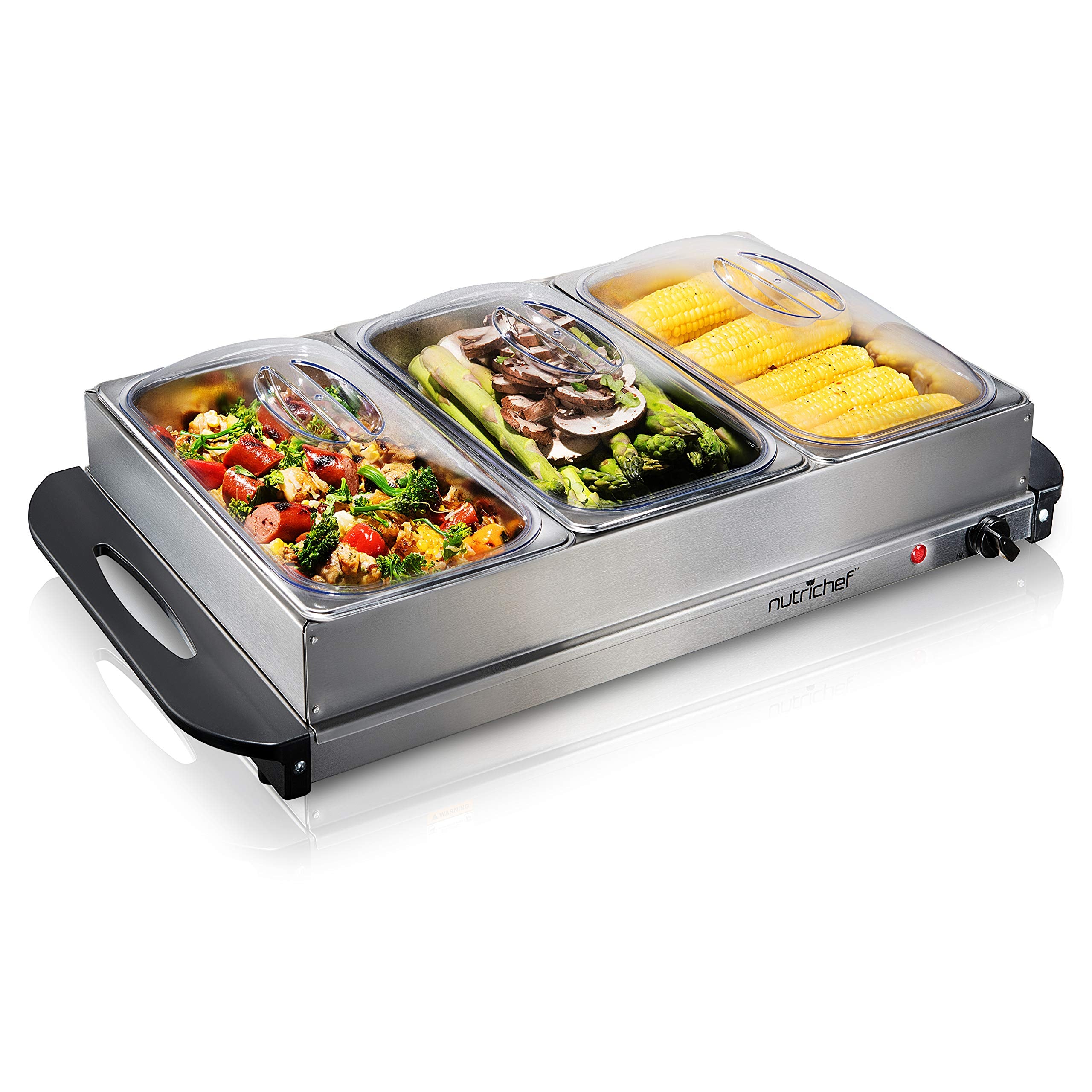 Nutrichef Professional Stainless Steel Buffet Warmer Server with 3 Trays - Portable Hot Plate Food Warmer Station for Parties & Events - Easy to Clean - 3 See-Through lids - Max Temperature 175F