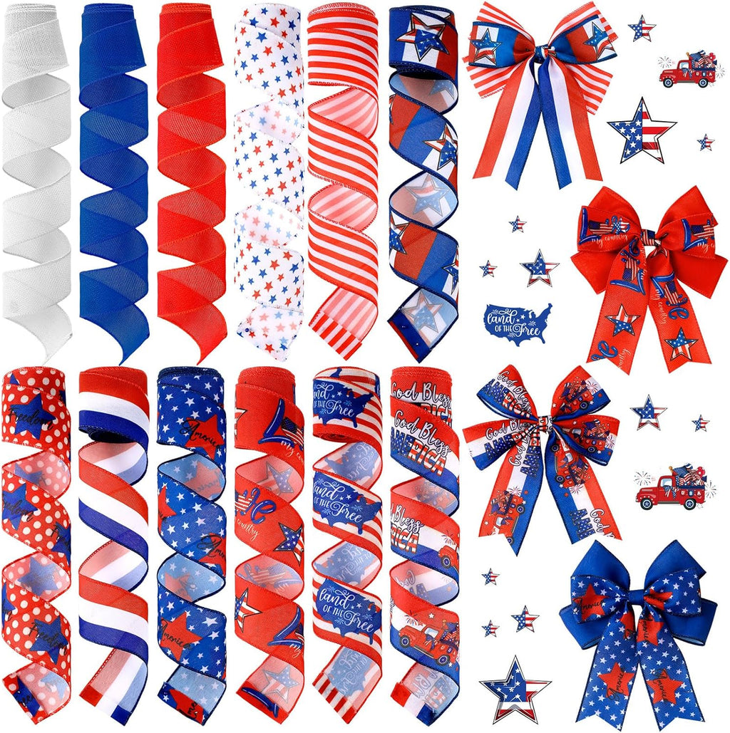 Skiennix Memorial Day Ribbon - 12 Rolls of 60 Yards Stars & Stripes Burlap Wired Edge | Patriotic Crafting