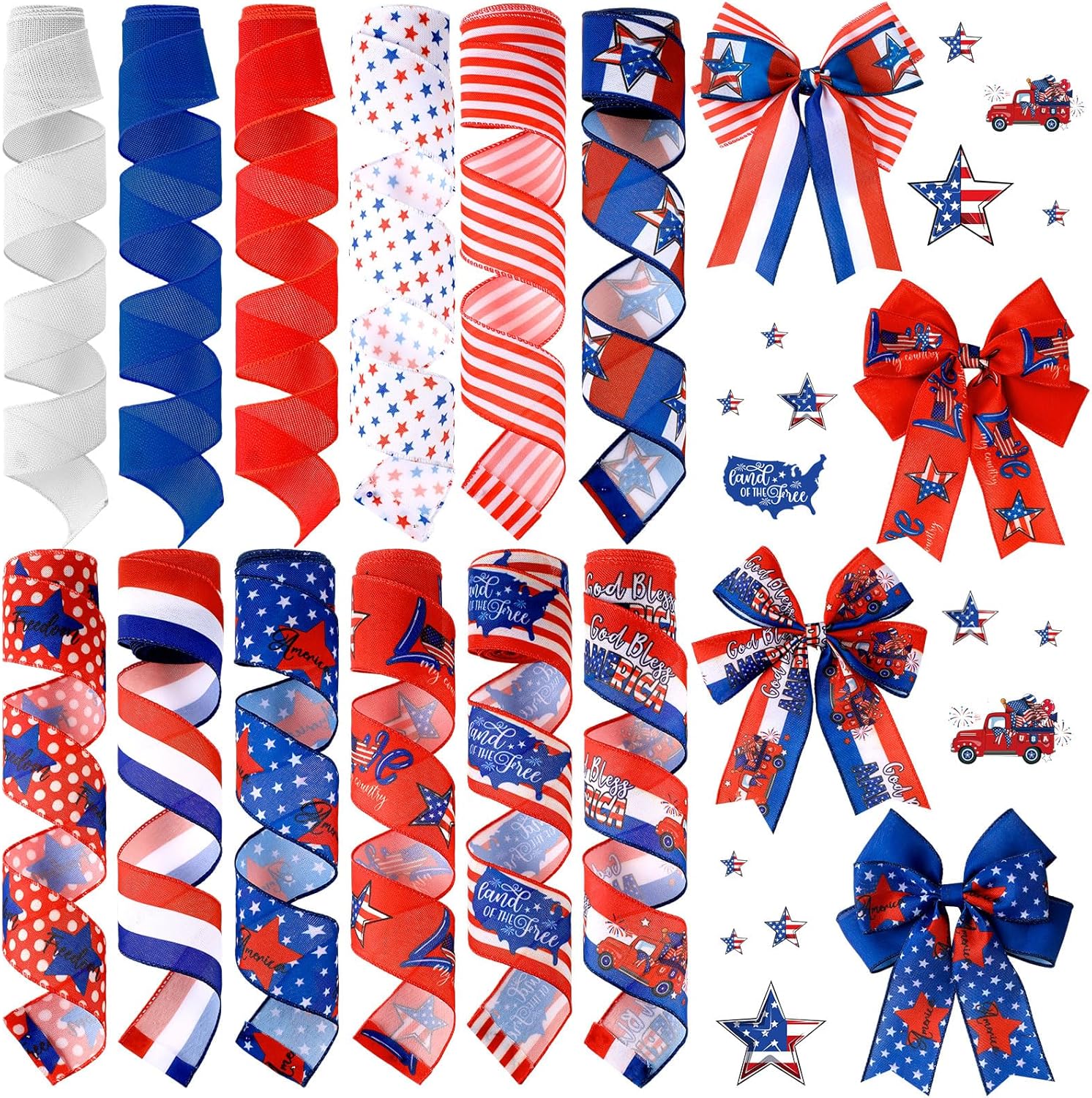 Skiennix Memorial Day Ribbon - 12 Rolls of 60 Yards Stars & Stripes Burlap Wired Edge | Patriotic Crafting