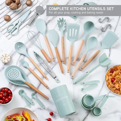 Country Kitchen Non-Stick Silicone Utensil Set - 38-Piece Cooking & Baking Tools in Mint