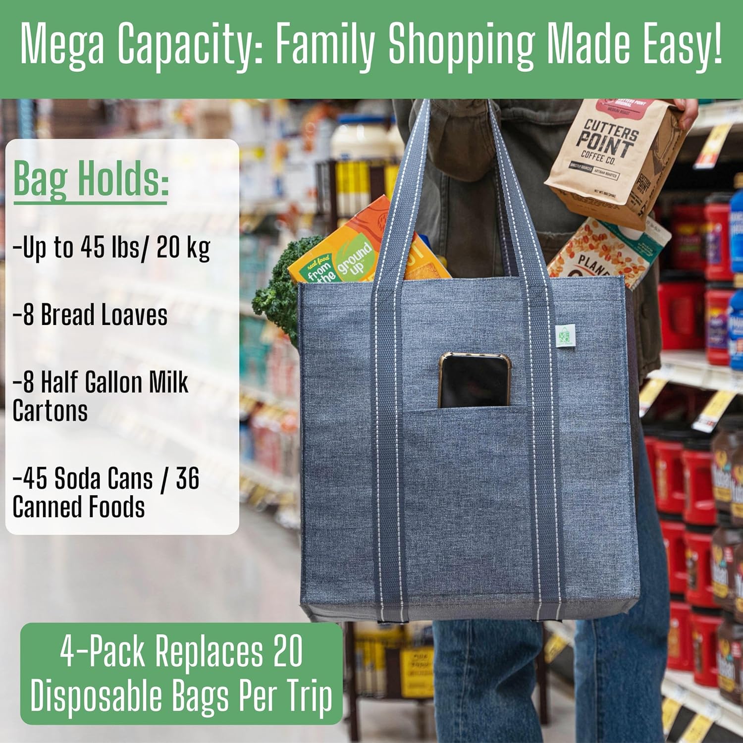 VENO Reusable Grocery Bags - Heavy-Duty Shopping Bags with Handles | Foldable & Upright Design (Gray, 4 Pack)