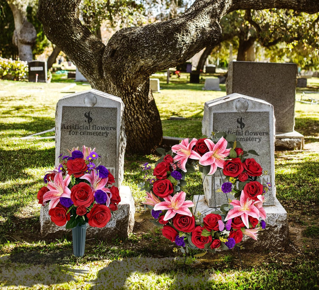 Regine Switzerland Cemetery Wreath - Handmade Floral Arrangement with 30-Inch Easel Stand | Red & Pink Roses, Lilies, Daisies, and Carnations