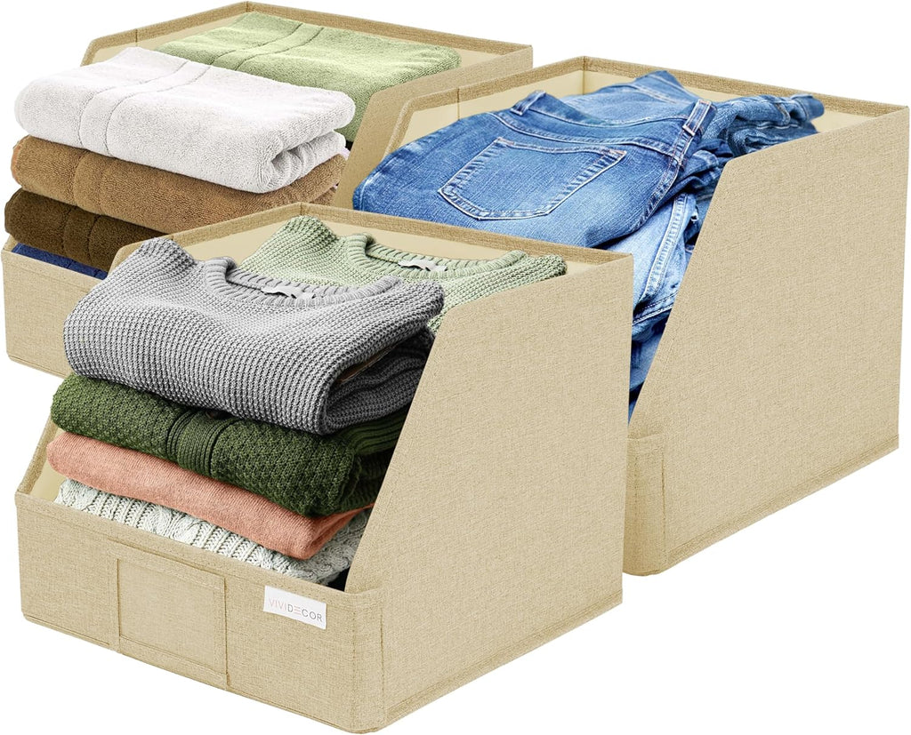 VIVIDECOR Trapezoid Storage Bins - 3-Pack Foldable Fabric Closet Organizers | Beige Cube Baskets for Clothes