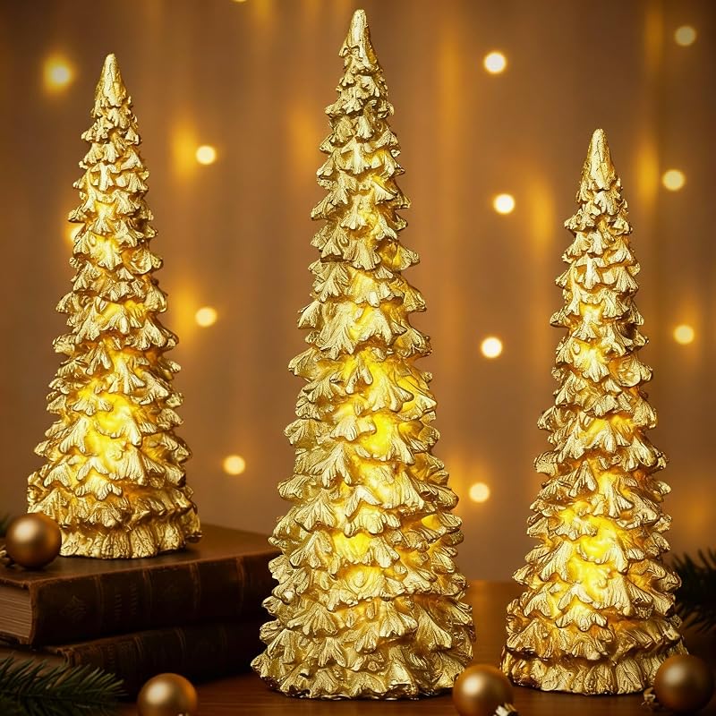 Gold 3-Pieces Lighted Christmas Tree Figurines Set – 11" & 9" Tabletop Ornaments (Variation: Gold)