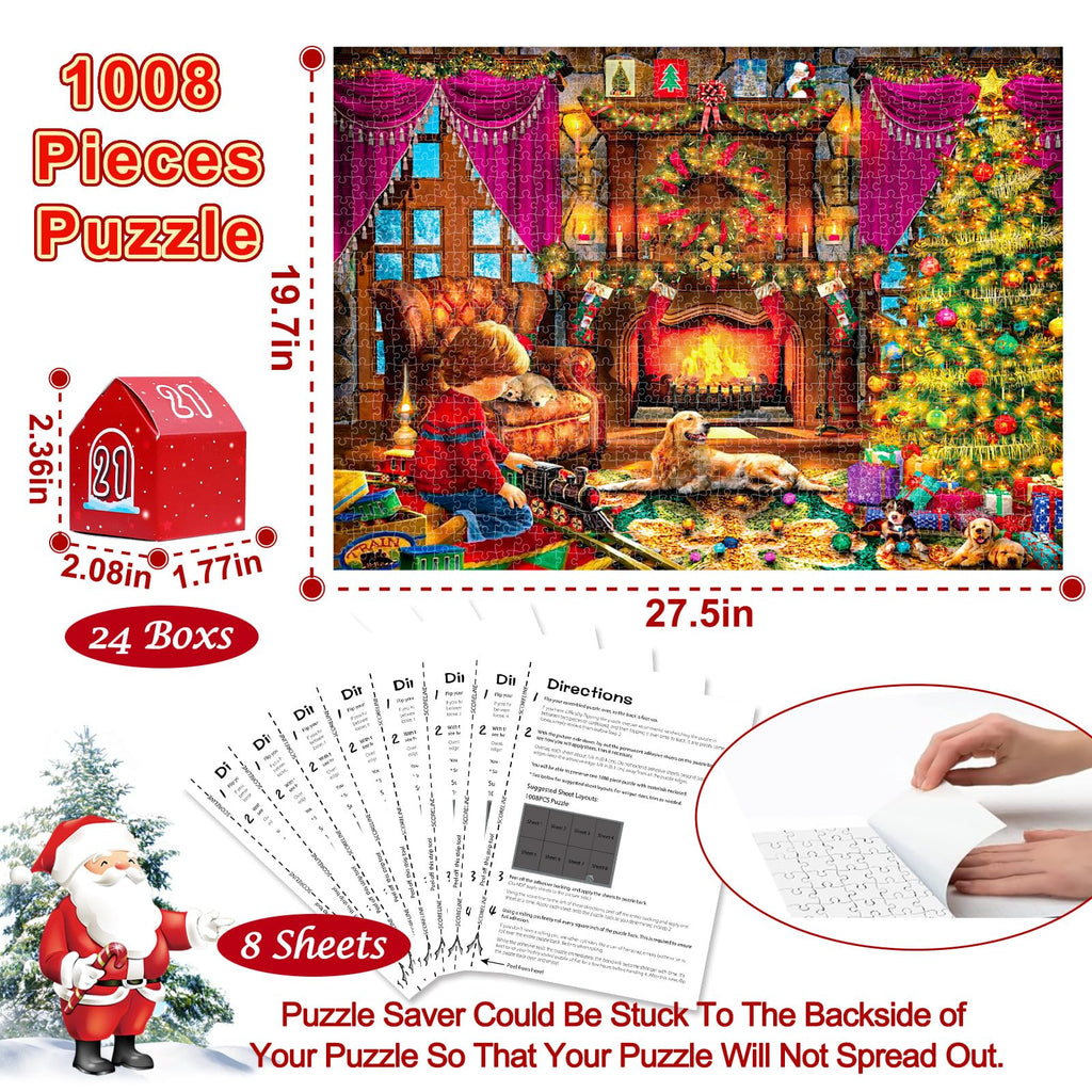 Advent Calendar 2025 Christmas Jigsaw Puzzles, Christmas Surprise Countdown Calendars for Adult and Kids, 24 Parts 1008 Pieces Holiday Puzzle Gifts Decorations with Puzzle Saver