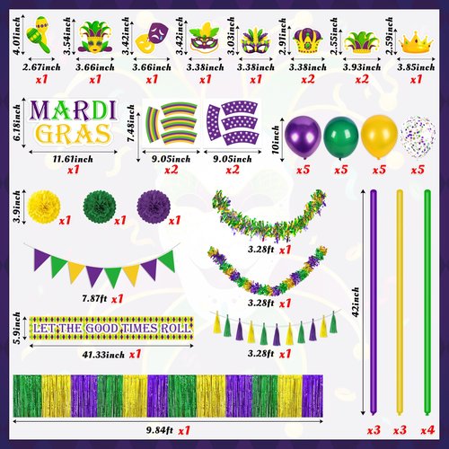 54Pcs Mardi Gras Float Parade Car Decorations Kit - Purple Green Gold Tinsel Garlands Banners Balloons for Vehicle Carnival Party Decor