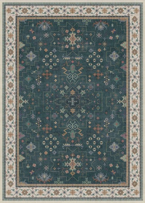 Hazo Haus Dark Green Oushak 5x7 Area Rug - Modern Vintage Boho Floral Design, Washable Non-Slip for Living Room