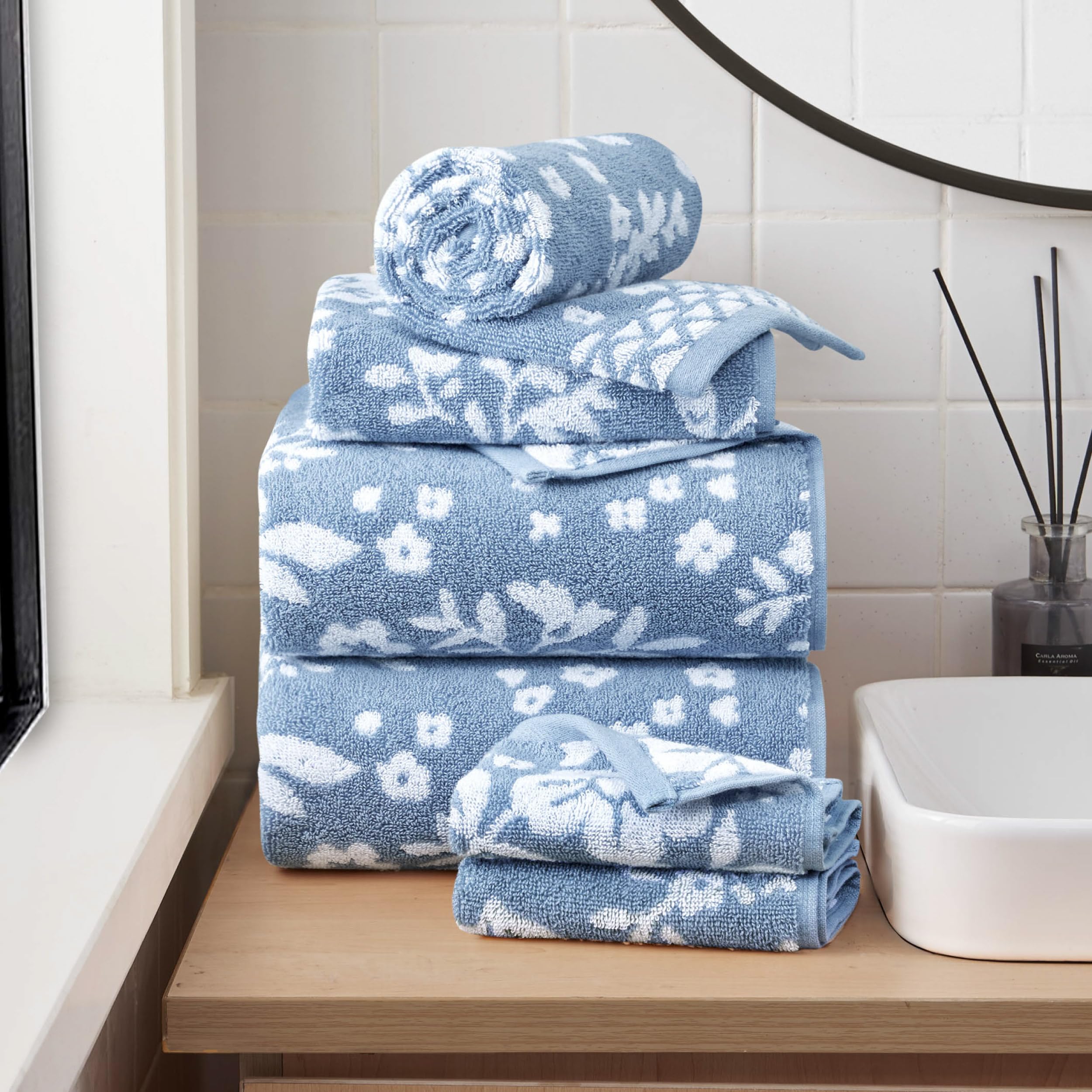 Lucky Brand Folk Floral 6 Piece Bath Towel Set - (2) Bath Towels, (2) Hand Towels, and (2) Washcloths - Dusty Blue Premium Bathroom Towel Set