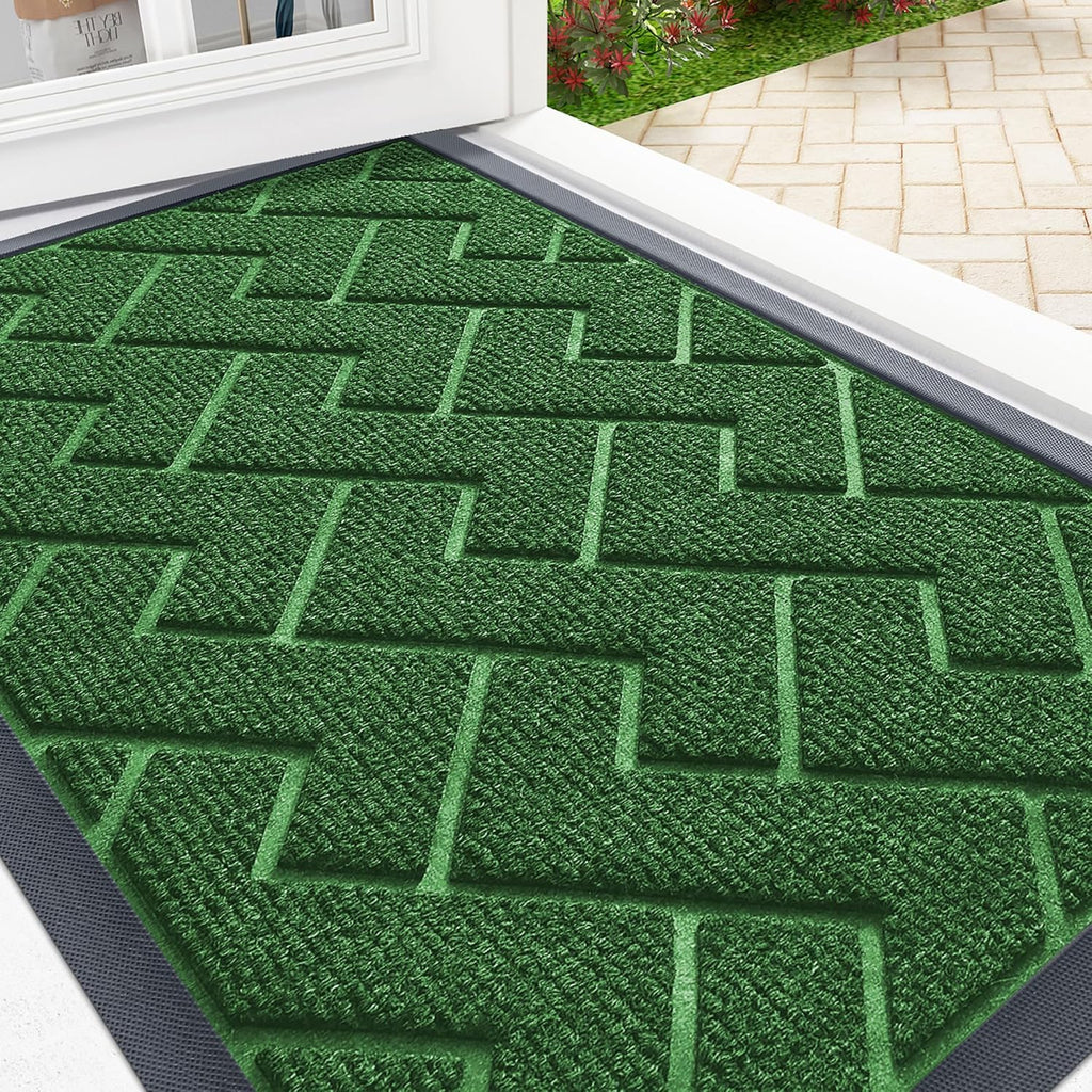 OLANLY Indoor Outdoor Front Door Mat - Waterproof All-Season Herringbone Design | Easy Clean, 35x23 Inches, Green