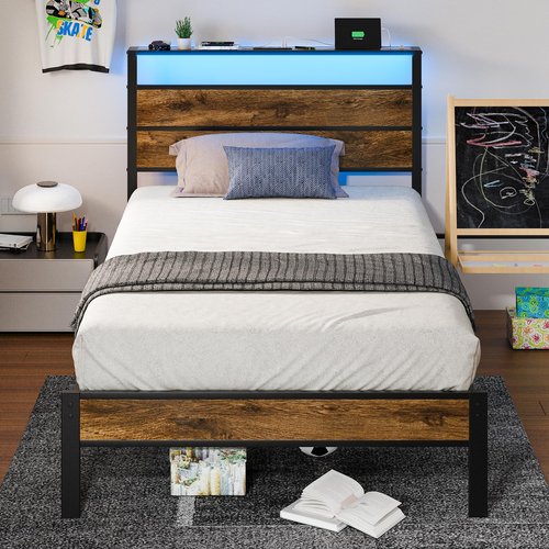 Liians Twin Bed Frame with Storage Headboard USB Charging Station, Smart LED Lights, Metal Platform Bed Easy Assembly, No Box Spring Needed