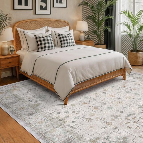 Hazo Haus Boho Living Room Rug - Light Grey Floral Design | Washable 8x10 Non-Slip Area Rug