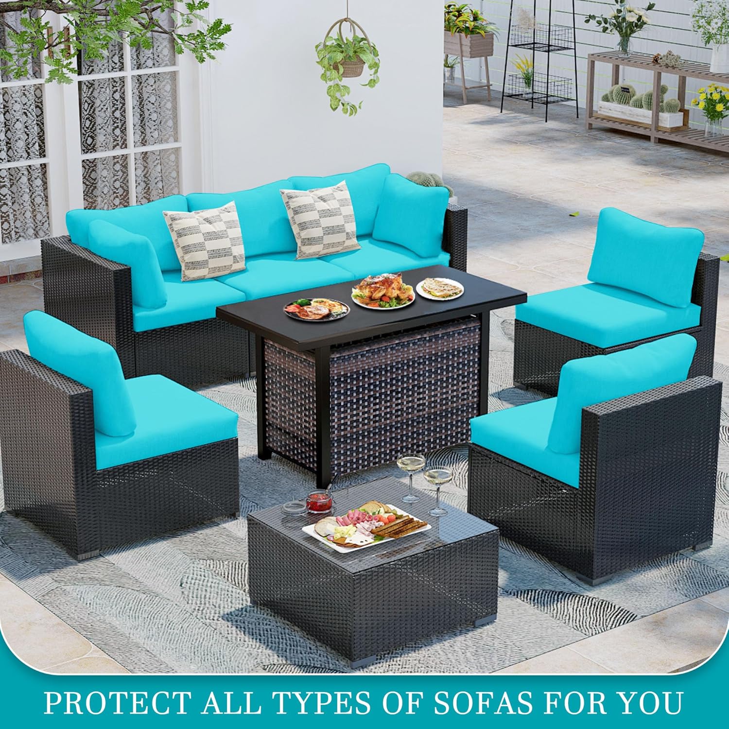 Skiennix 14-Piece Stretch Patio Cushion Covers - Washable Outdoor Sofa Slipcovers | Sky Blue
