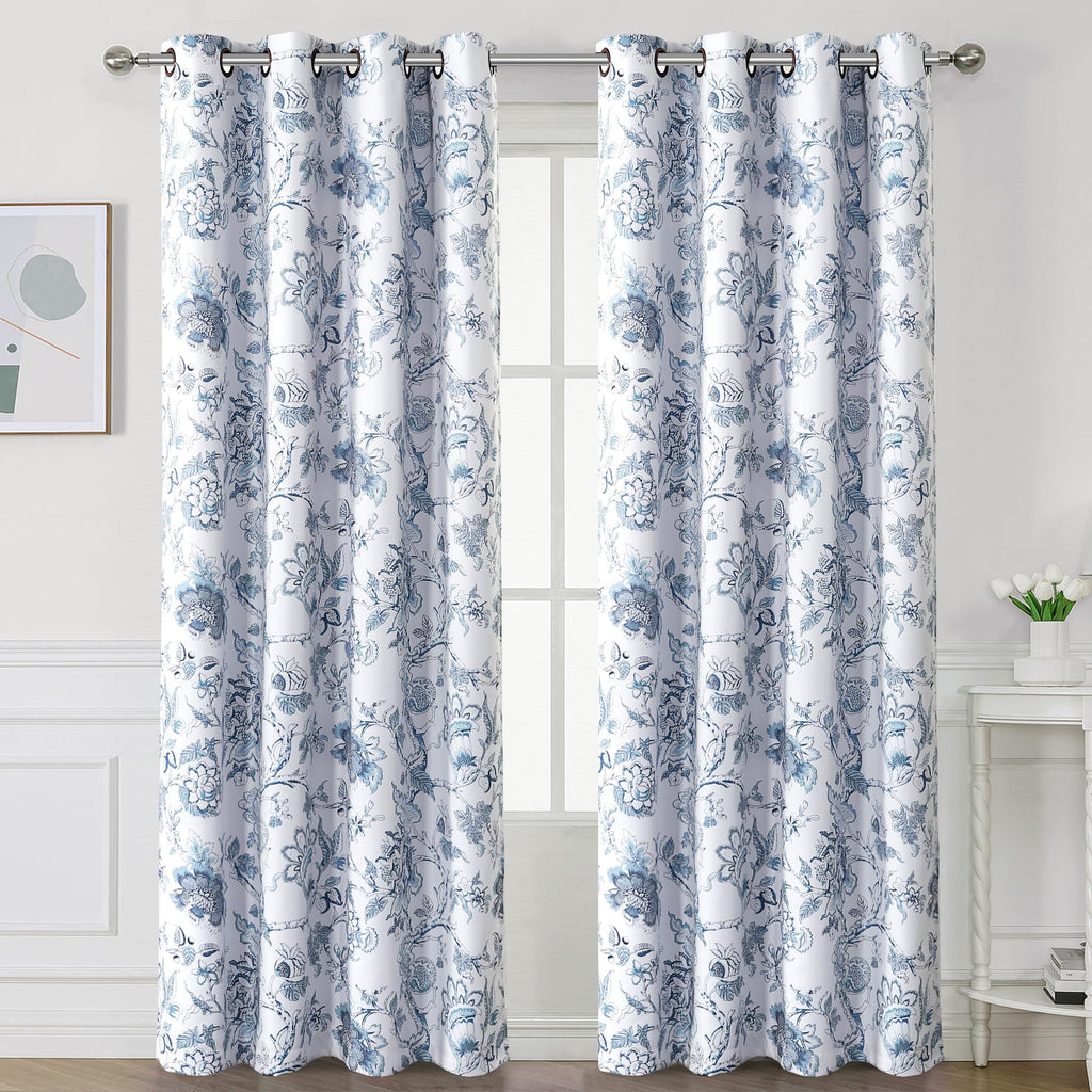 H.VERSAILTEX Blackout Curtains 84 Inch Length 2 Panels Set Floral Print Curtain Drapes for Living Room Thermal Insulated Grommet Window Curtains for Bedroom - Traditional Floral in Storm Blue
