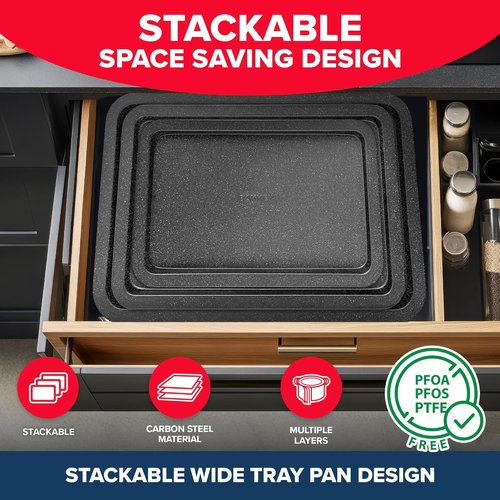 BAKKEN 3-Piece Nonstick Baking Pans Set - Stackable Cookie Trays, Oven Safe Up To 450°F, Gray Marble