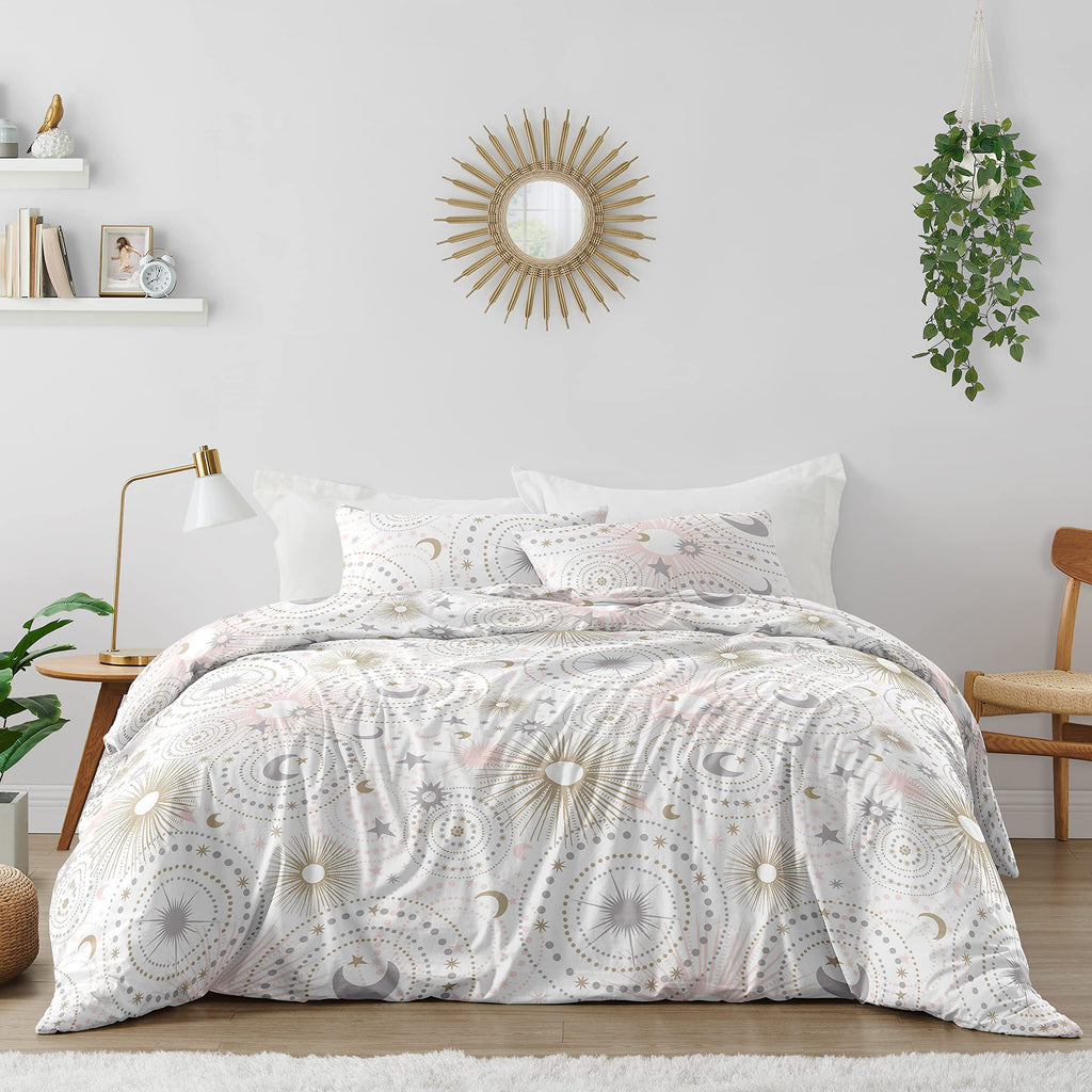 Sweet Jojo Designs Blush Pink, Gold, Grey and White Star and Moon Celestial Girl Full/Queen Kid Childrens Bedding Comforter Set 3 Pieces
