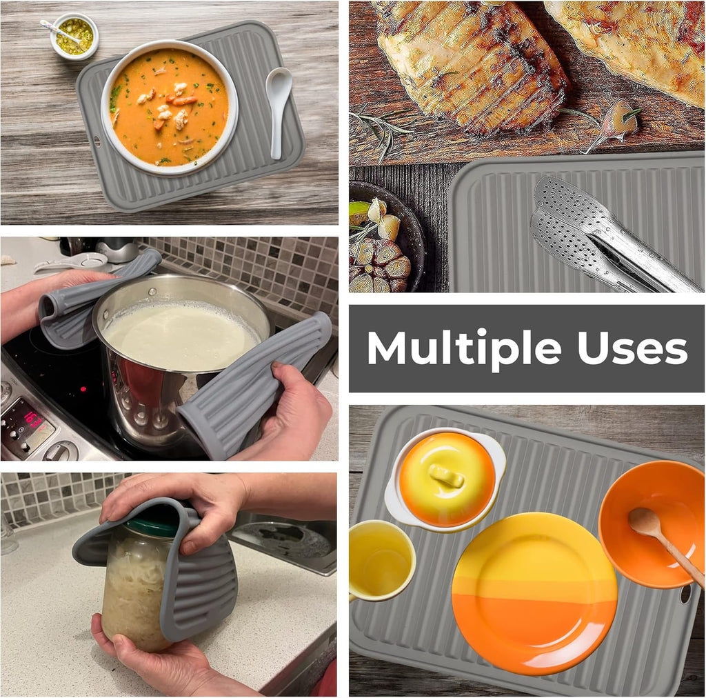Silicone Trivets | Heat-Resistant Pot Holders for Hot Dishes - 2 Pack (9 x 12 Inch) - Grey Counter Mats