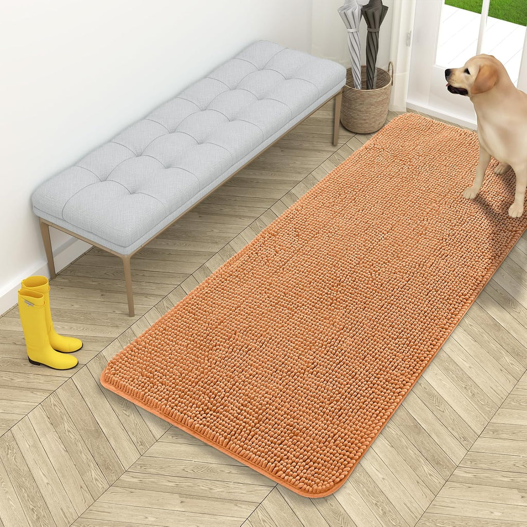 OLANLY Dog Door Mat - Absorbent Non-Slip Chenille Mat for Muddy Paws | 54x24 Inches, Quick Dry, Orange