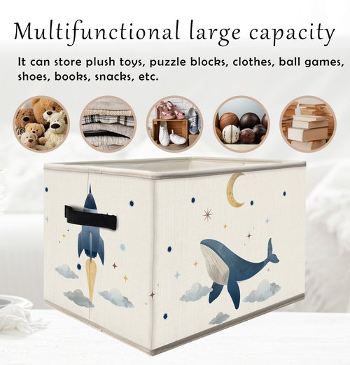 FDHSPAAM Outer Space Rocket Whale Nursery Storage Bins Box with Handles, Cosmic Galaxy Planet Star Moon Collapsible Fabric Storage Basket Box Organizer for Bedroom Bathroom Clothes Toys Books