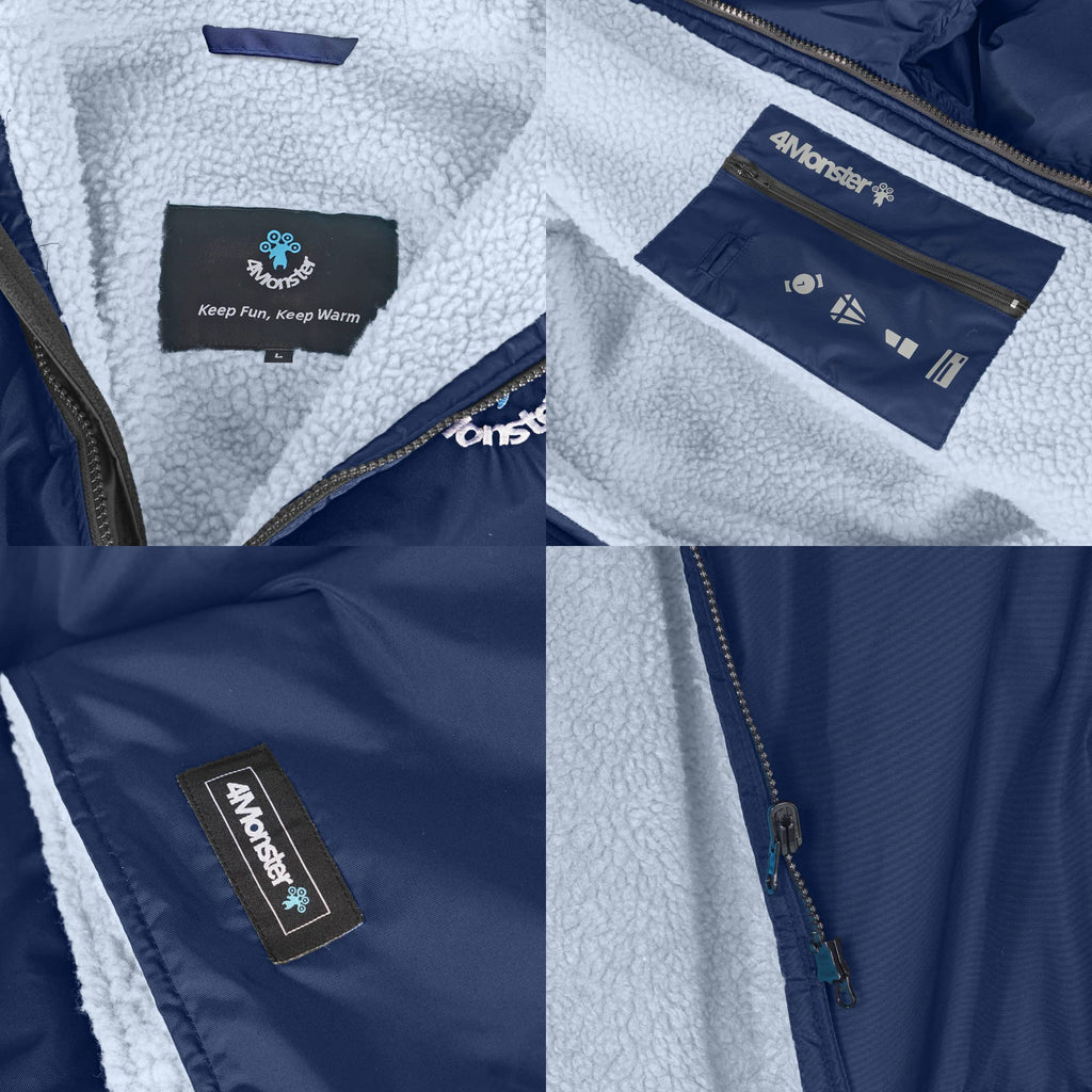 4MonsterSwim Parka with Hood,Quick-Dry Wetsuit Changing Robe Waterproof,Warm Coat Surf Poncho for Water Sport, Beach&Pool (Short Sleeve Navy, X-Large)