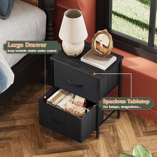 WLIVE Black Night Stand, Small Dresser with 2 Drawers & Wooden Top, Nightstand with Fabric Bins, Bedside Table End Table for Bedroom, Closet, Entryway, College Dorm, Charcoal Black