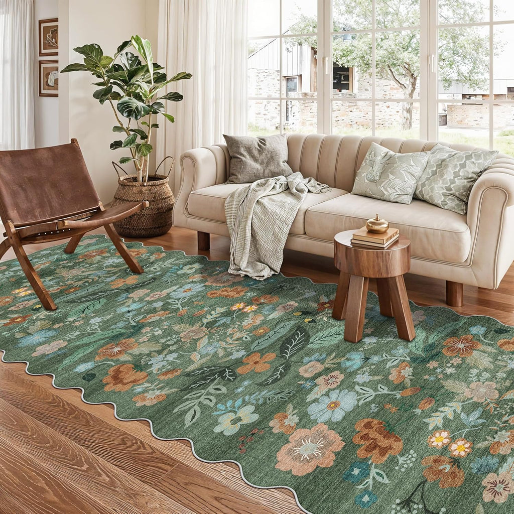 Skiennix Washable Hallway Runner Rug - Floral Scalloped Design | Non-Slip, Water-Resistant, Lightweight (3x10 Green)
