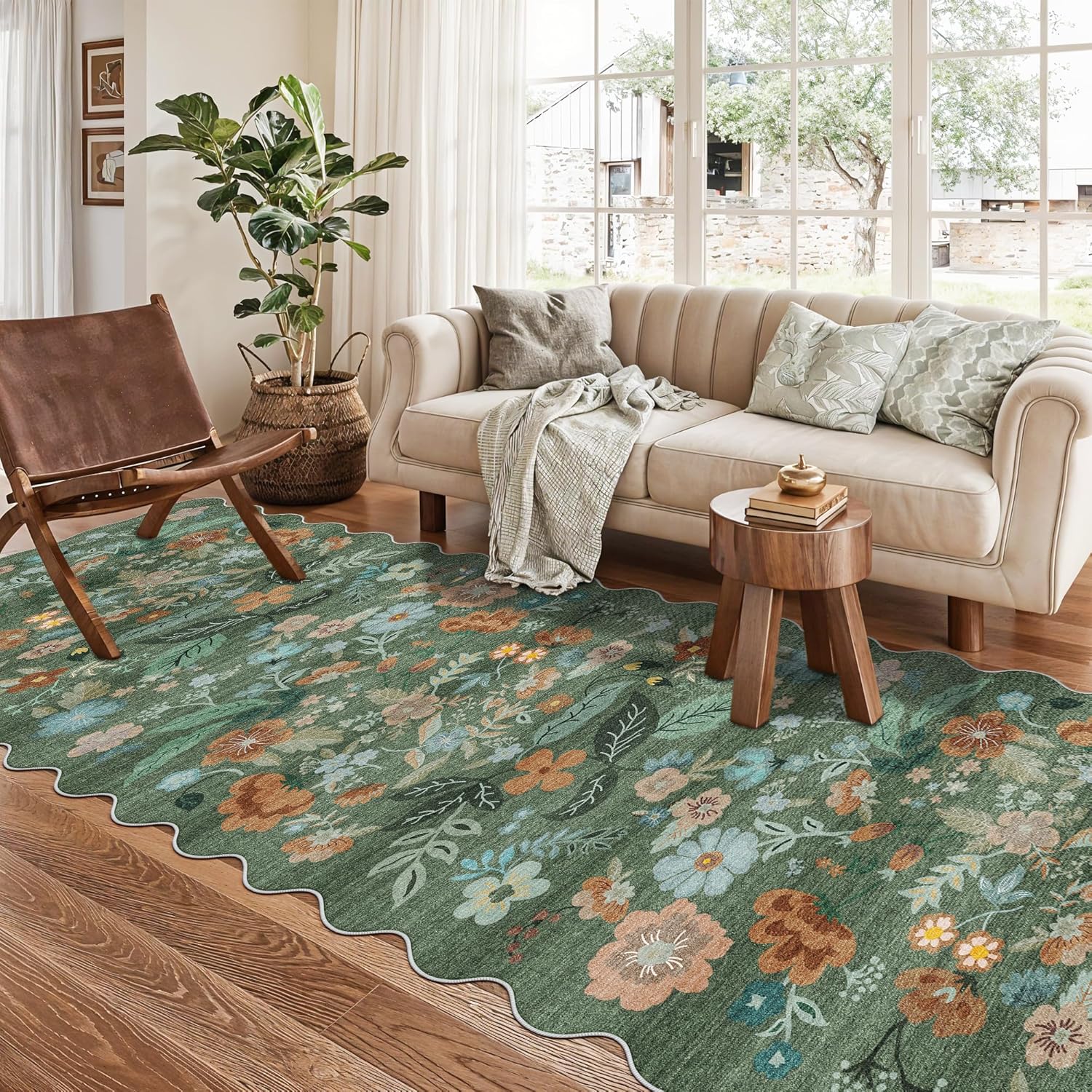 Skiennix Washable Hallway Runner Rug - Floral Scalloped Design | Non-Slip, Water-Resistant, Lightweight (3x10 Green)