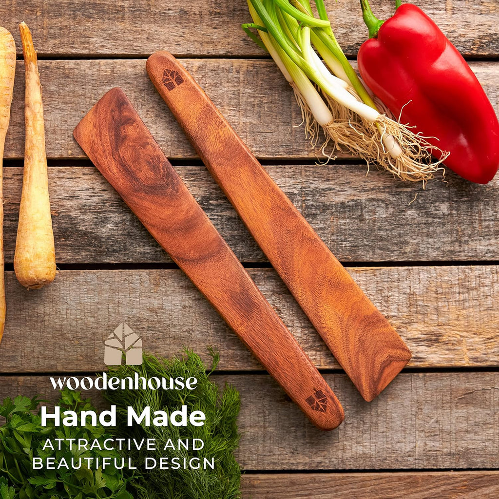 Skiennix Wooden Spatula Set of 2 | 12-Inch Teak Turner & Flipper for Non-Stick Cookware - BPA Free & Heat Resistant