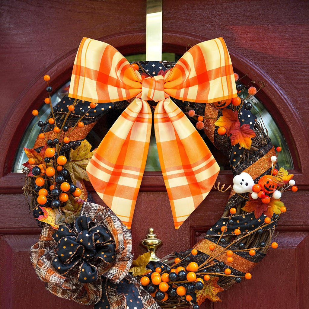 WATINC Wreath Sash - Autumn Orange 2pcs Buffalo Check DIY Bow for Front Door Decor | Thanksgiving Satin Accessories (56'' x 4.5'')