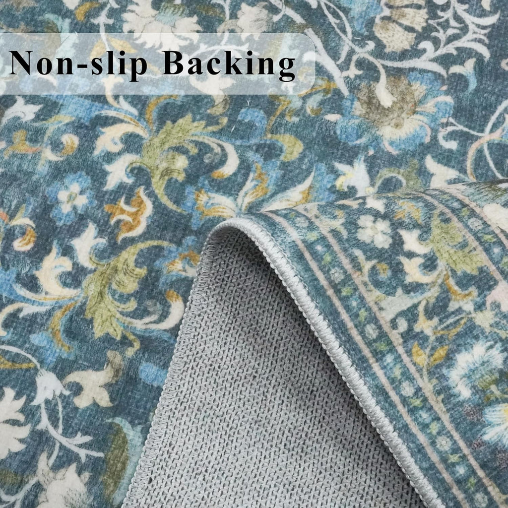 Skiennix Vintage Washable Entryway Area Rug - Soft Non-Slip Kitchen Runner Mat | 3x6 Floral/Blue Design