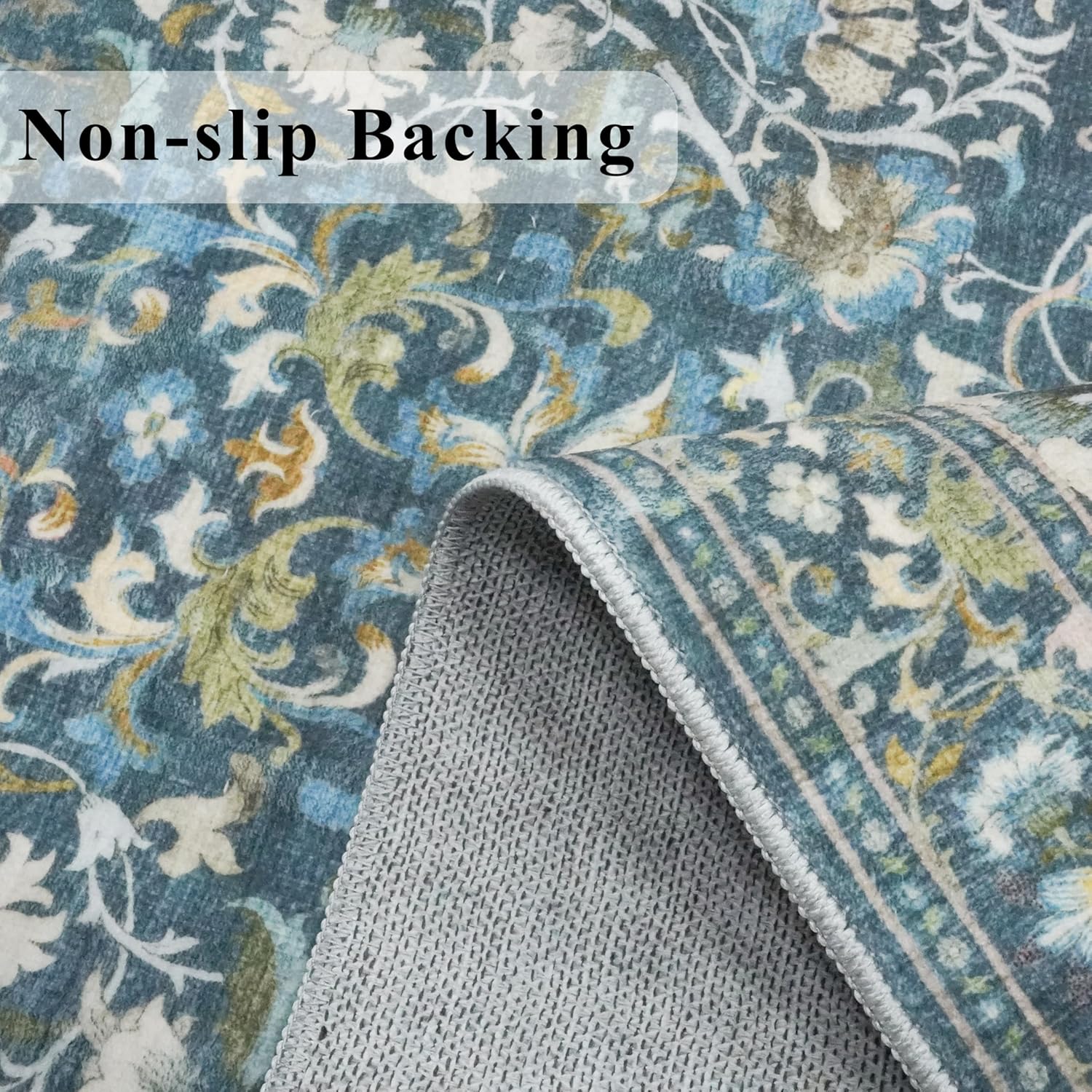 Skiennix Vintage Washable Entryway Area Rug - Soft Non-Slip Kitchen Runner Mat | 3x6 Floral/Blue Design