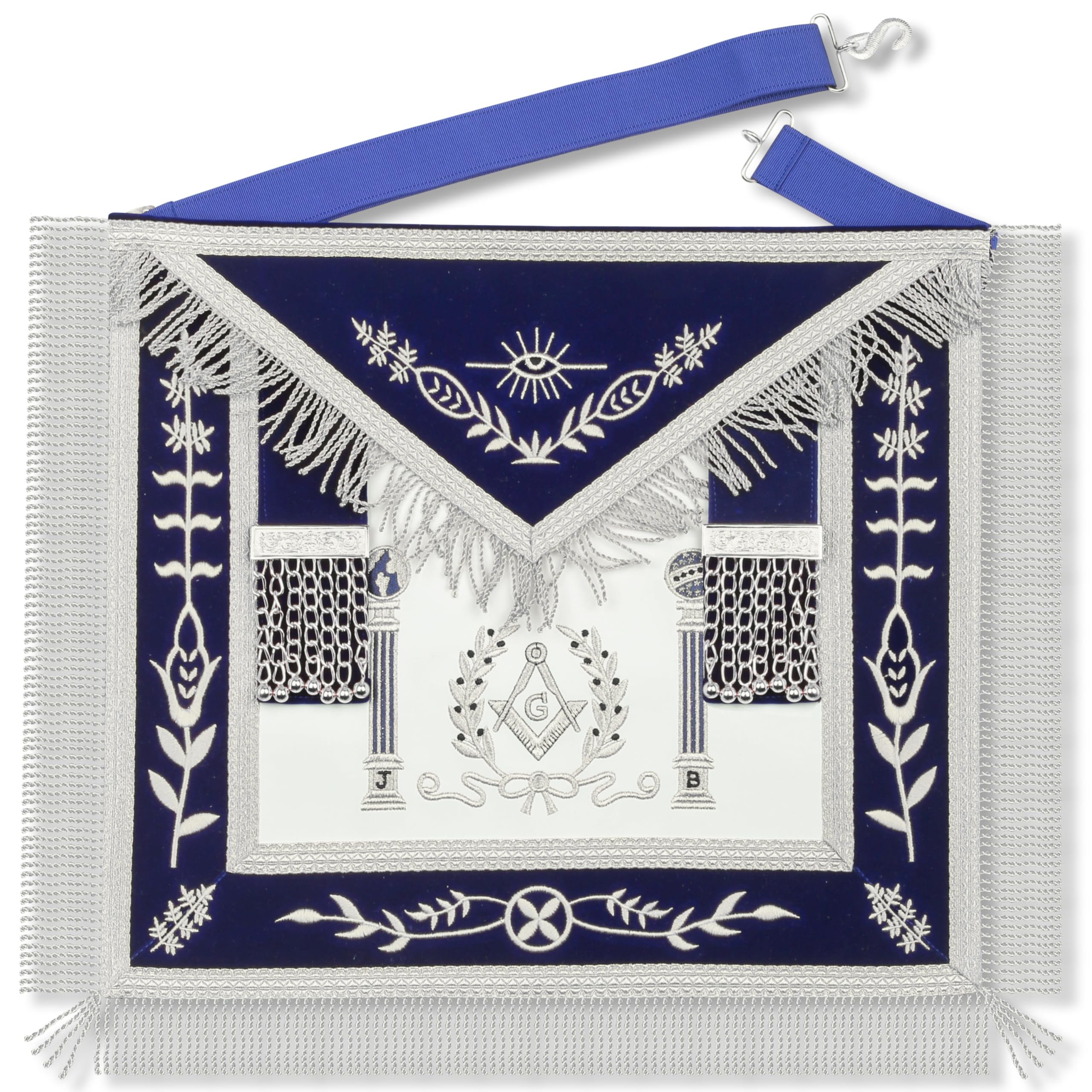 Masonic Master Mason Lambskin Apron - Navy Blue Velvet Borders with Gold Bullion Thread Fringe - Embroidered J & B Pillars and Square & Compass Logo