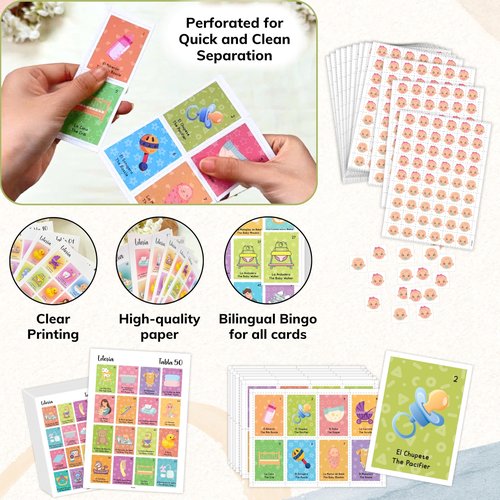 Woodamore Baby Shower Loteria Bilingual - Baby Shower Bingo For Babies Shower Games Spanish And English, Funny Party Bingo for Girls Boys, Loteria Game For 50 Players