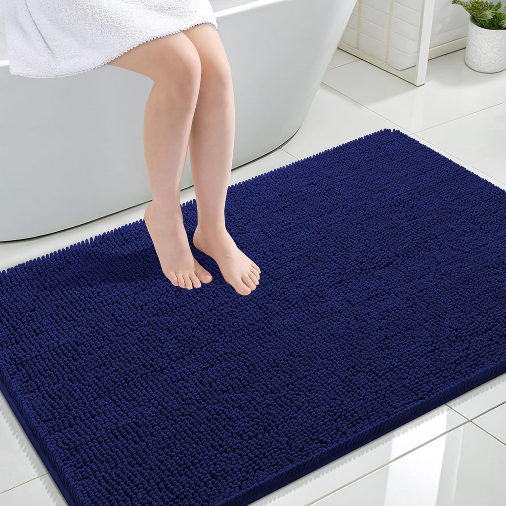 OLANLY Large Bathroom Rugs - Extra Soft Chenille Bath Mats with Rubber Backing | Quick Dry, Navy 44x32