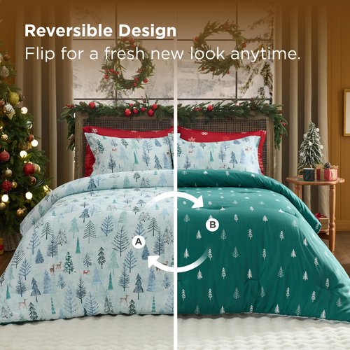 Bedsure Christmas King Comforter Set - 5 Pieces Christmas Bedding Set, King Bed in a Bag with 1 Soft Green Tree Reversible Comforter, 2 Pillow Shams, 1 Throw Blanket and 1 Decorative