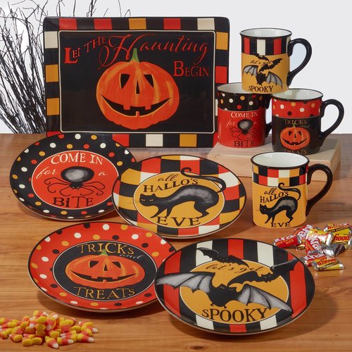 Spooky Halloween Canape Plates – Set of 4 Ceramic 6" Plates with Festive Sayings: BOO, Let’s Get Spooky, Beware & Come In for a Spell – Mini Plates for Halloween Snacks, Treats & Décor