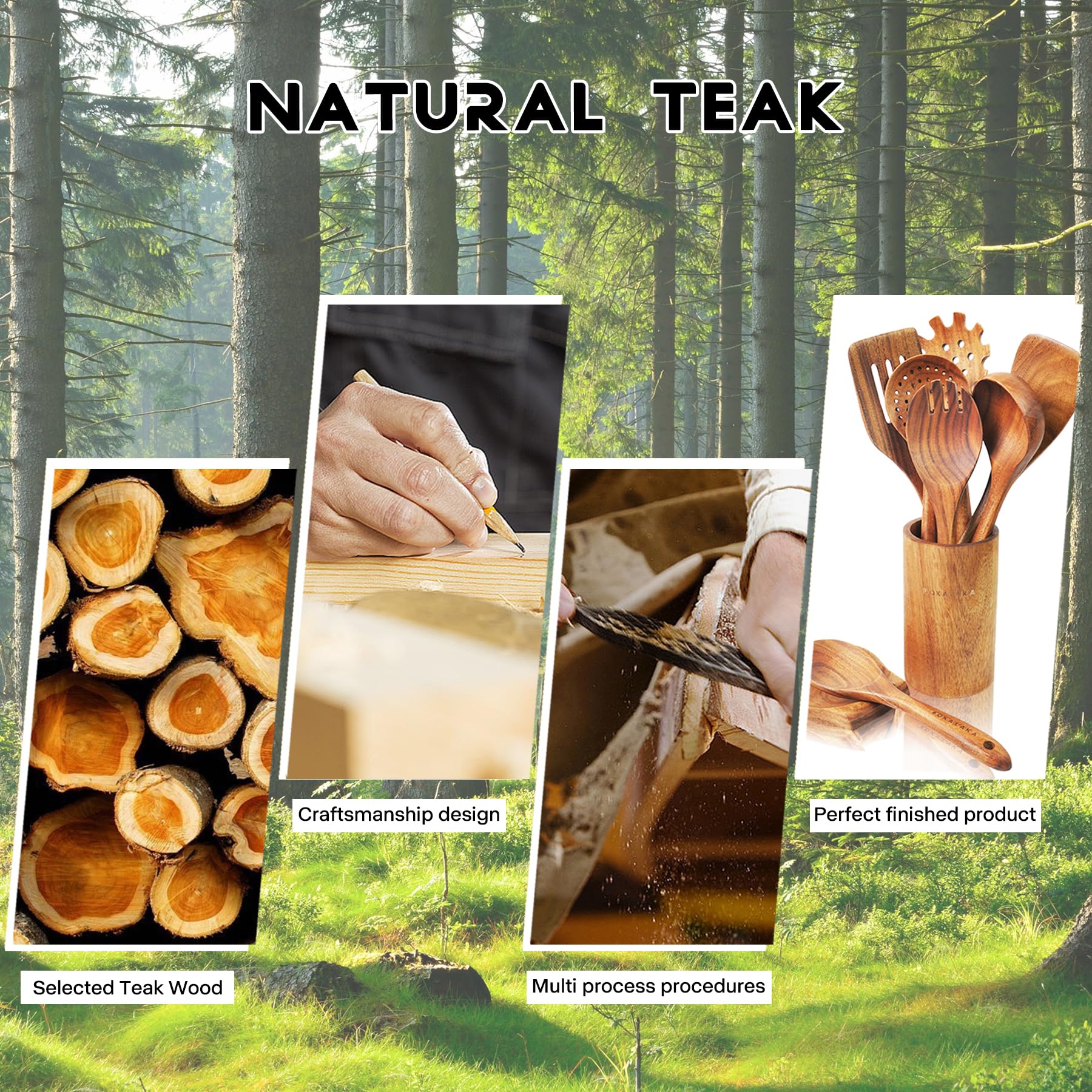 Teak Wooden Spoons for Cooking - 9 Pcs Comfort Grip Kitchen Utensil Set with Holder & Rest