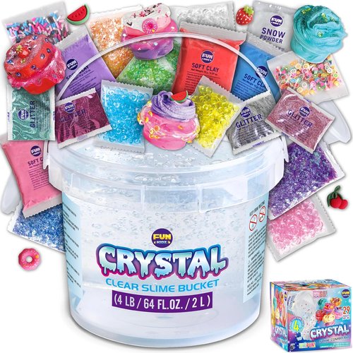 FunKidz 4 LB Huge Clear Slime Bucket - 64 FL OZ Premade Crystal Slime Kit with 29 Add-Ins for Kids