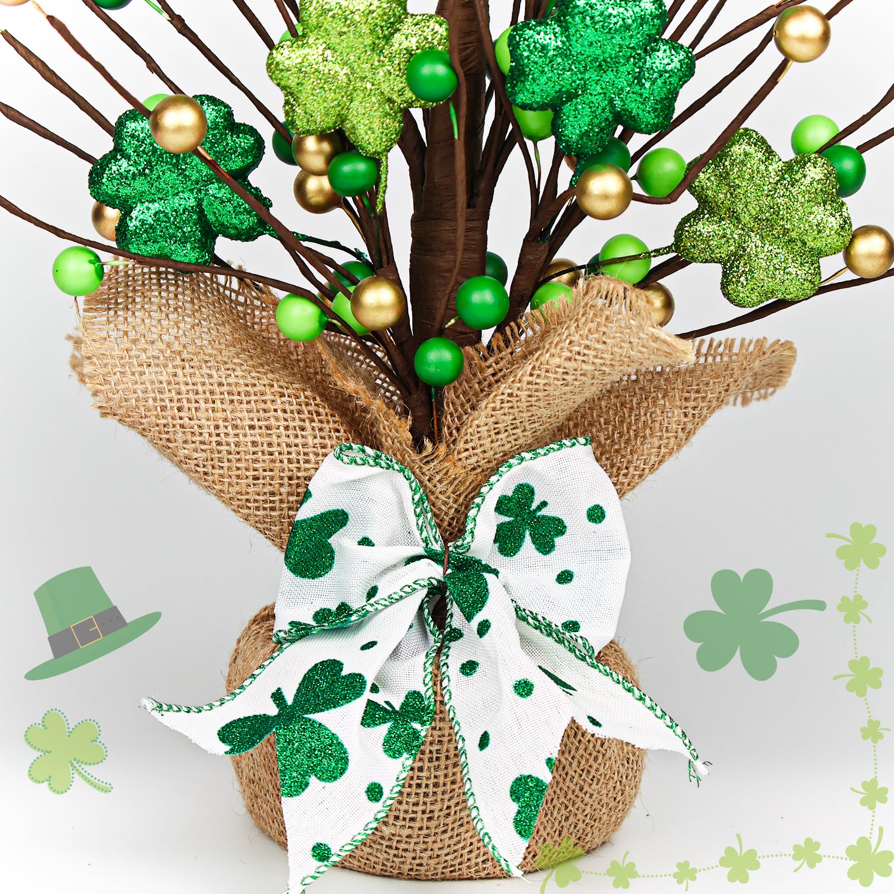 Lotus Hills St Patricks Day Decor, 20 Inch Shiny Shamrock Table Tree with Burlap Base and Bow, St Patricks Day Decorations, St Patricks Day Table Mantel Decor, Greenery Irish Shamrock Decorations